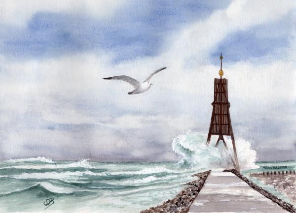 Poster DIN-A3 Aquarell Maritim Kunst Druck Kunstdruck Nordsee Cuxhaven Insel Neuwerk Möwe Watt Meer Bake